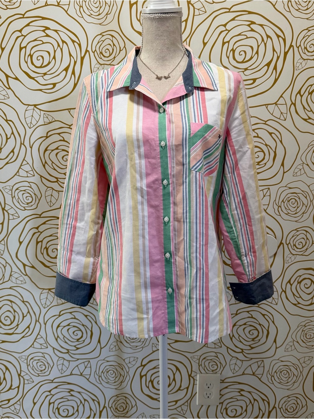 Tommy Hilfiger Women's Multi Stripe Roll Tab Button Down Long Sleeve Shirt